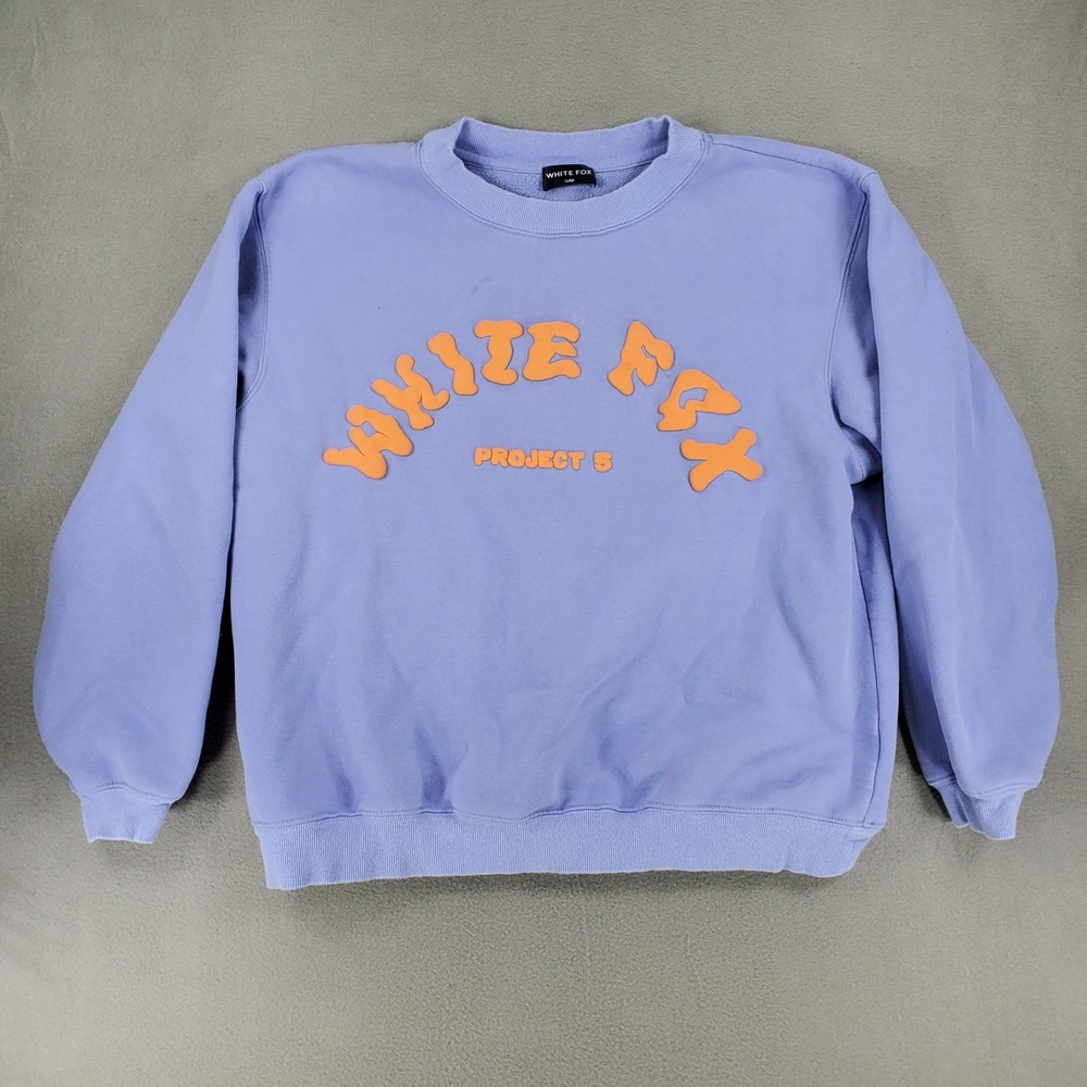 White Fox Sweatshirt Women S/M Blue Purple Project 5 Puff Print Crewneck